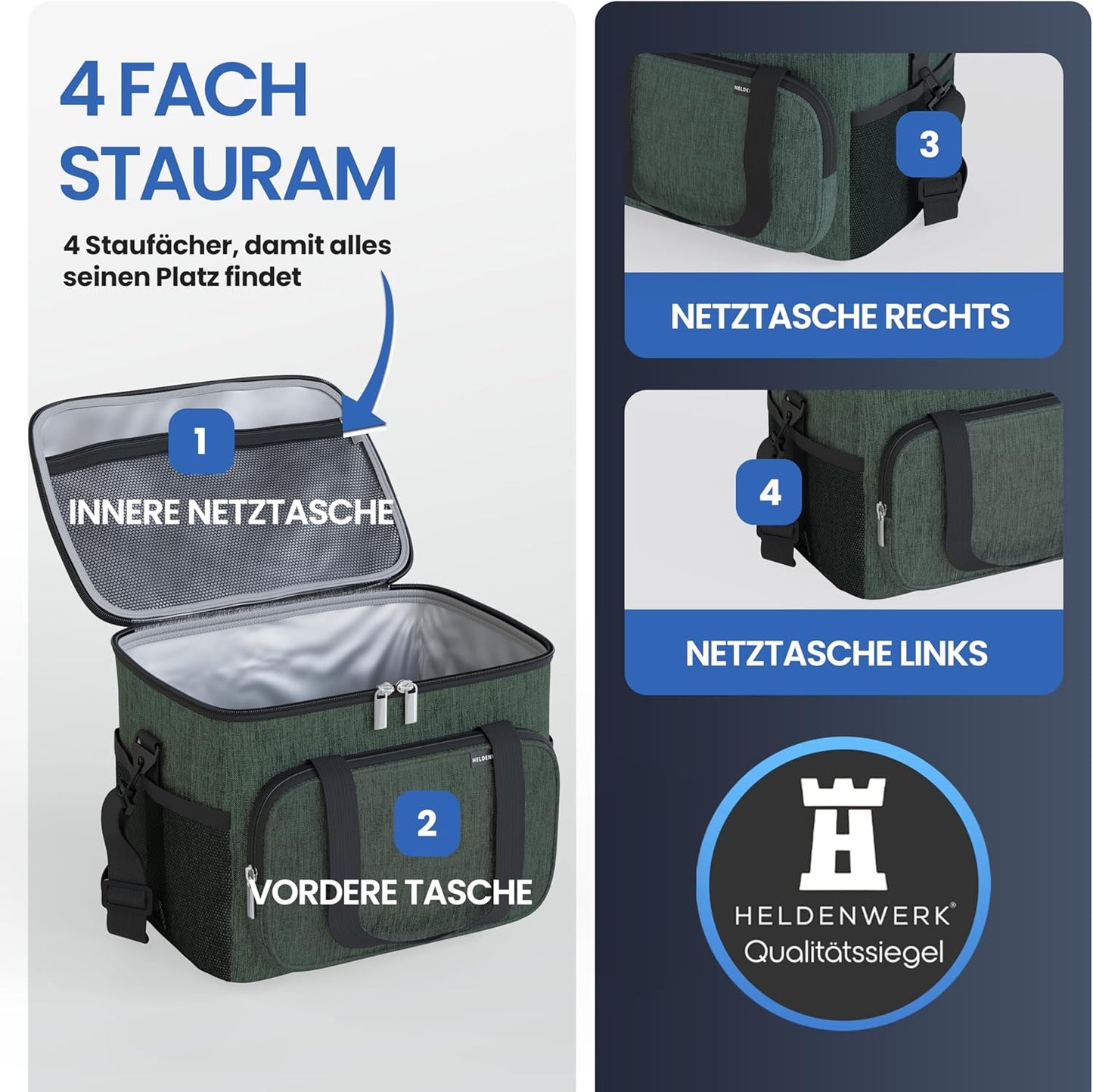 HELDENWERK Cooler Bag Small & Foldable - 10 Liter Thermal Lunch Bag - Waterproof & Leakproof - Insulated Picnic and Cooler Bag - With Bottle Opener - Olive Green
