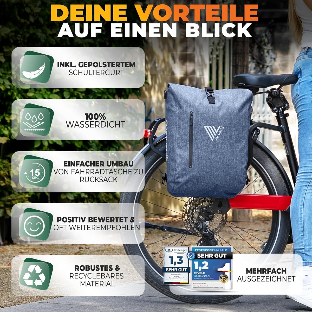 MIVELO Sacoche à vélo étanche 3-en-1 avec compartiment pour ordinateur portable et serrure - sans PVC - Bleu Jeans - 20 L