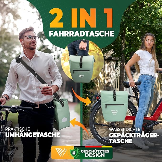 MIVELO Pannier - Imperméable & Incl. Compartiment pour ordinateur portable & Bandoulière - 20 litres - Mint