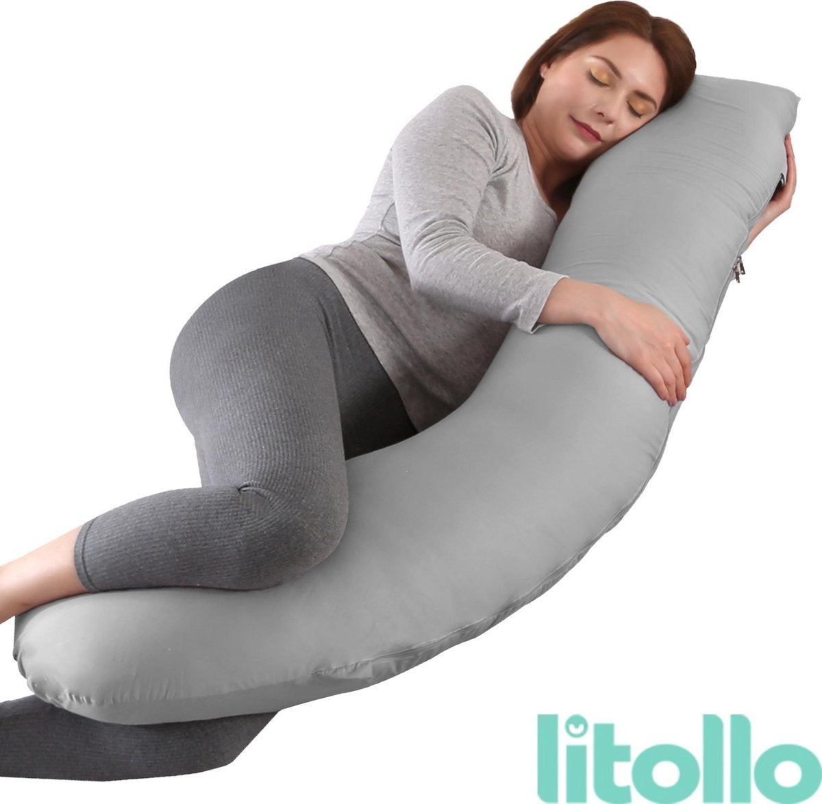 Litollo® Coussin de grossesse (forme J) - Coussin en soie - Coussin d'allaitement - Coussin de corps - 145cm - Housse amovible - Gris