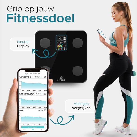 e.volve Scale Personal Scale Digital - 16 mesures - Smart Scale with Body Analysis - Precision Scales - Scales - Digital Scales - Incl. App.