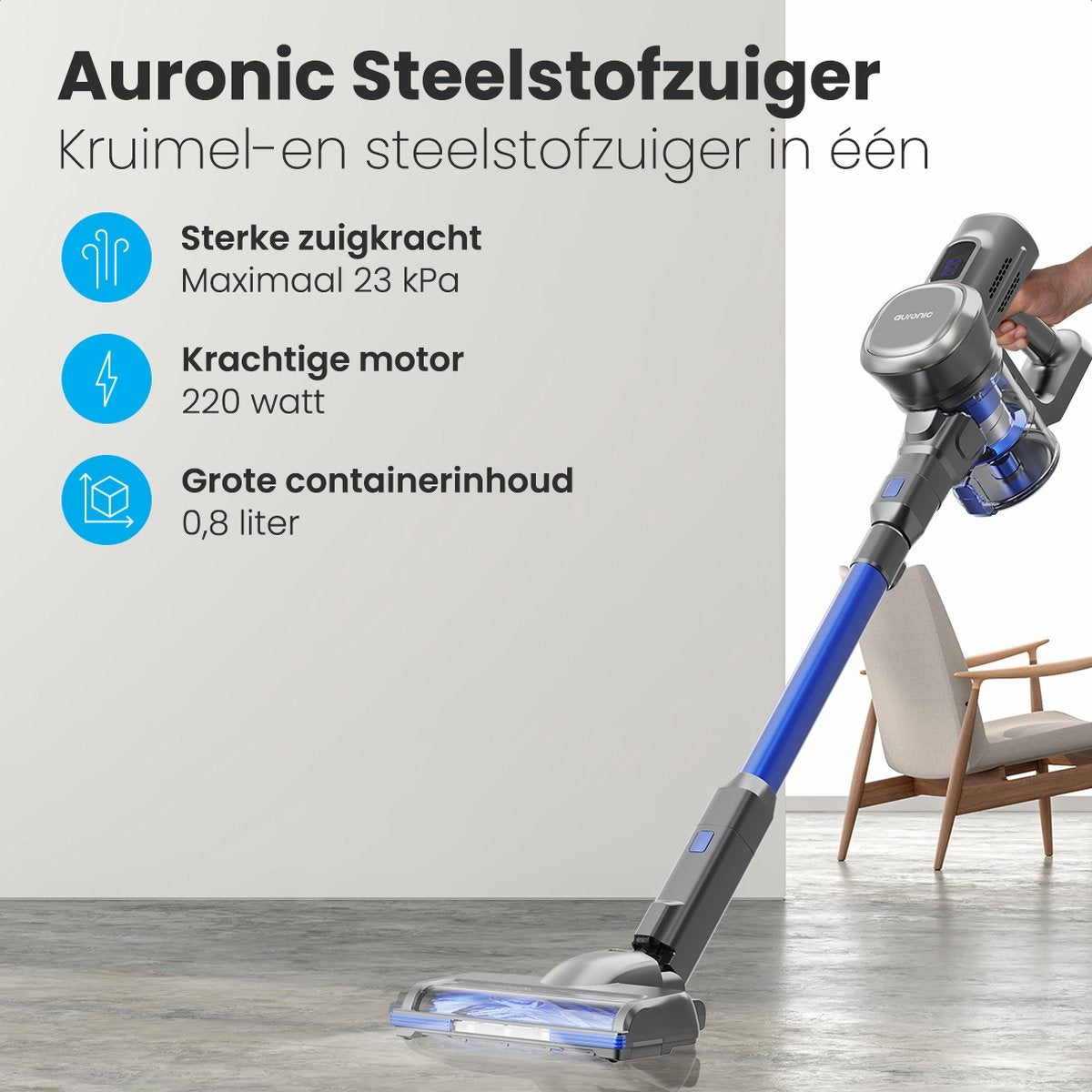 Auronic Stick hoover - Sans fil - Sans sac - Alimenté par batterie - Autonome - 220 W - Gris/Bleu