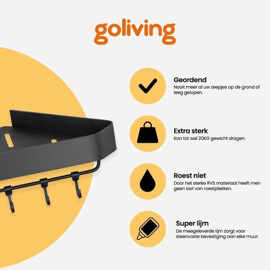 Goliving Support de douche 2 couches - Support de douche sans perçage - Support de douche d'angle - Panier de douche - Support de salle de bain - Accessoires de salle de bain - Noir