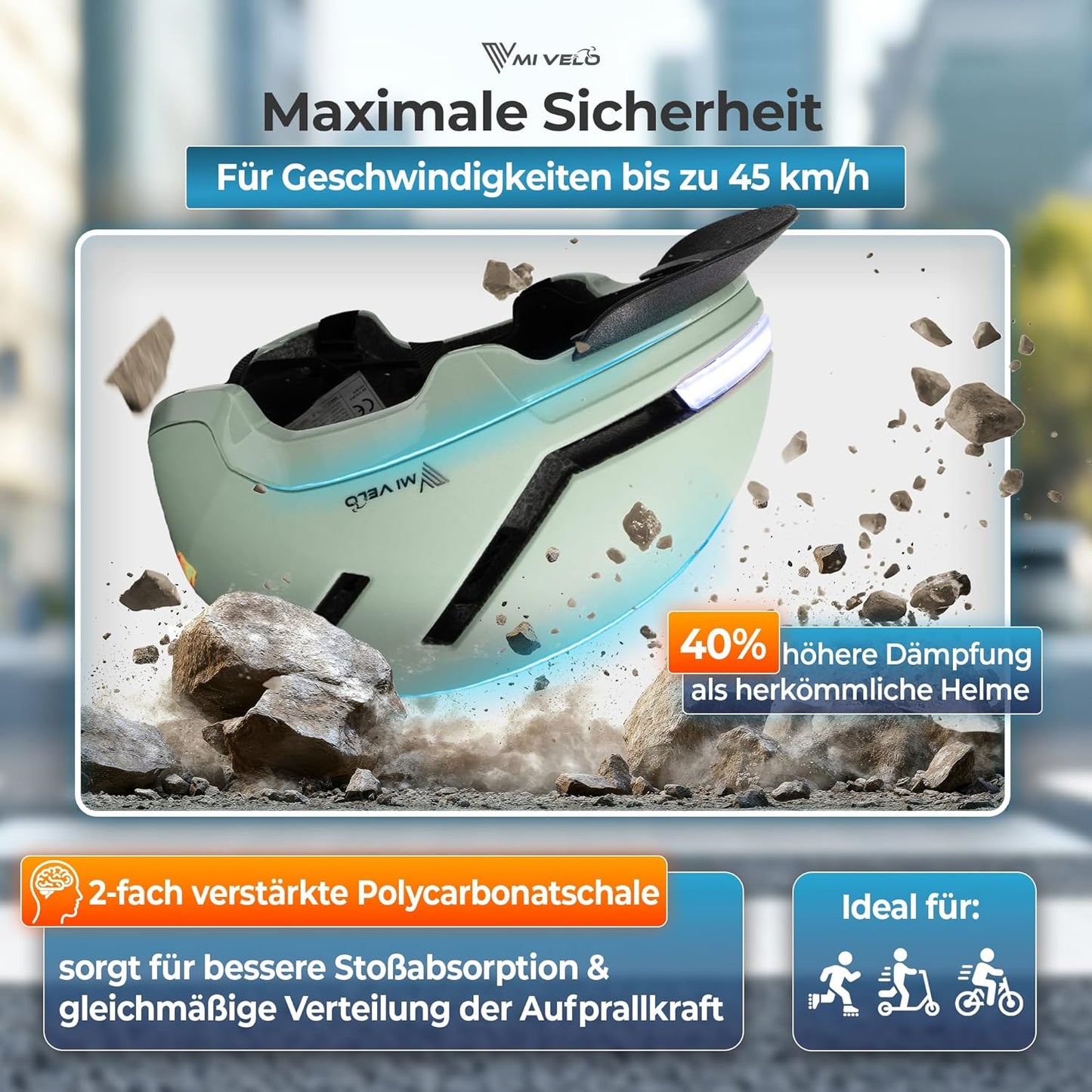 Mivelo Casque de vélo unisexe NOVA - Avec lumière - Certifié NTA jusqu'à 45km/h - Menthe - Taille M (54-58 cm)