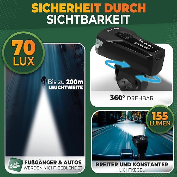 MIVELO Bicycle Light Set - USB Rechargeable & Waterproof - 70 Lux - Black