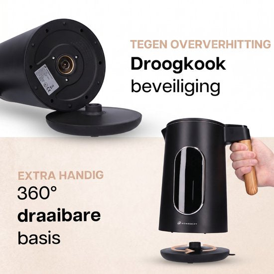 Bouilloire HomeShift® avec réglage de la température - Fonction de maintien au chaud - Double paroi - Électrique - 1,7 litre - 2200 W - Noir / Bois