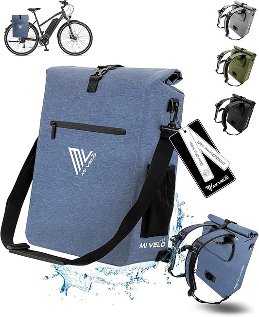 MIVELO - Sacoche pour porte-bagages - 3 en 1 - Capacité de 25 litres - Bleu Jeans & Polyester imperméable - Détails réfléchissants - Pour un usage quotidien