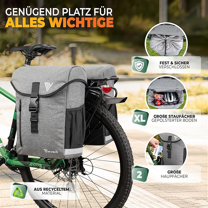 MIVELO Sac à vélo double - imperméable et avec housse de pluie réfléchissante - 36 litres - gris