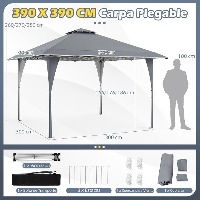 Tente de fête pliable Coast 3,95 × 3,95 m – Pavillon pop-up avec toit ventilé, 3 réglages de hauteur, protection UV et sac de transport – Gris