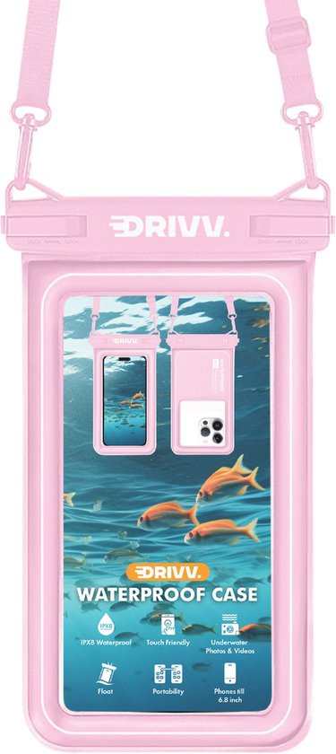 Drivv. Étui de luxe pour téléphone portable étanche - flottant - fermeture à double clip - jusqu'à 6,8 pouces - étui pour téléphone portable sous-marin - rose