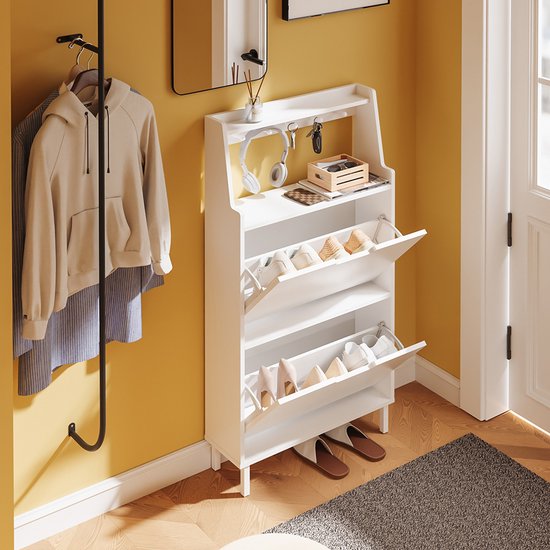 Armoire à chaussures SoBuy, extra-plate 19 cm - rangement jusqu'à la pointure 47 - avec crochets et étagère ouverte, pour petits logements, couloir, entrée - blanche, 60 x 19 x 119 cm, FSR221-W