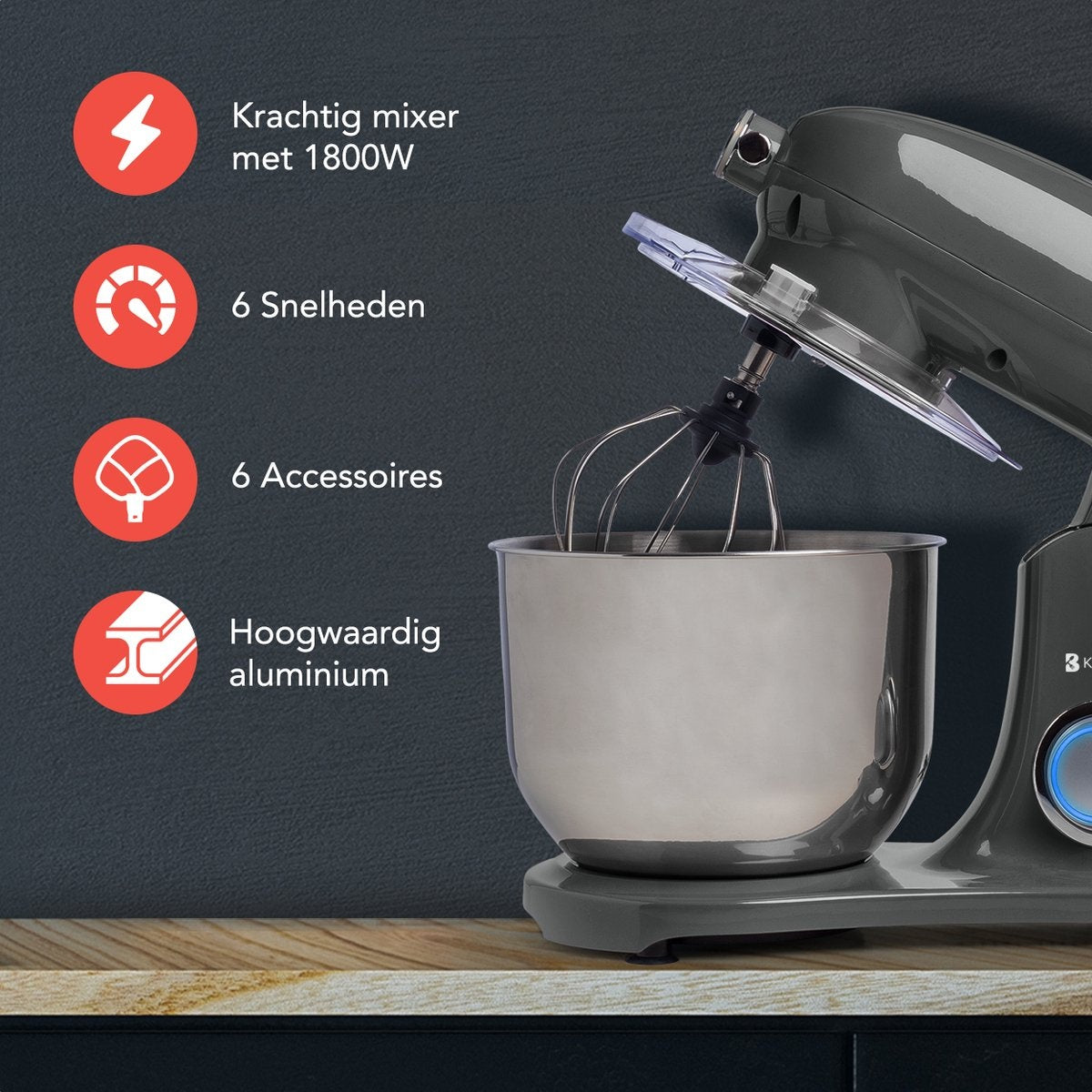 KitchenBrothers Robot de cuisine - Robot de cuisine - 6L Bol mélangeur - 1800W - Aluminium - Anthracite