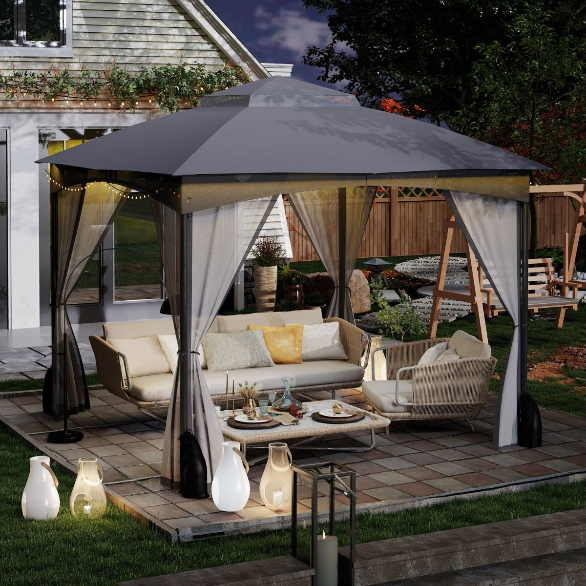 Pavillon de jardin Coast - double toit - moustiquaire - 3 x 3 m - kaki