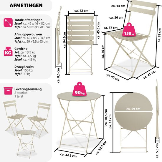 tectake® - Ensemble bistro pliant pour 2 avec structure en acier, table et chaises de jardin - Pour balcon et terrasse - Ensemble extérieur - Ensemble de jardin - Table et chaises pliantes - design élégant - crème