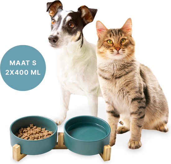 Gamelle pour chat et chien en céramique - Gamelles doubles avec support - Abreuvoir - 2x 400 mL - Vert mat