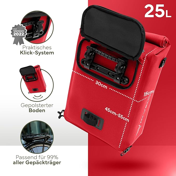 MIVELO Pannier - Sac à dos et sac à bandoulière 3-en-1 - Imperméable et compartiment pour ordinateur portable - 25 litres - Rouge