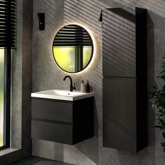 Meuble de salle de bains Mirlux en chêne noir 60 cm - Lavabo blanc - Ensemble de meubles de salle de bains - Meuble-lavabo en chêne noir