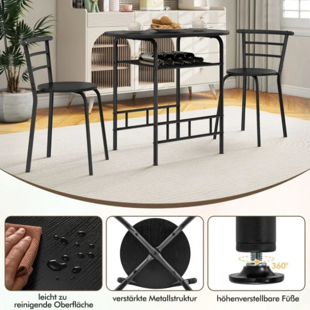 Coast Dining Table Set Black - 3-Piece Bar Table Set with 2 Chairs and Wine Rack - Table 80 x 53 x 77 cm