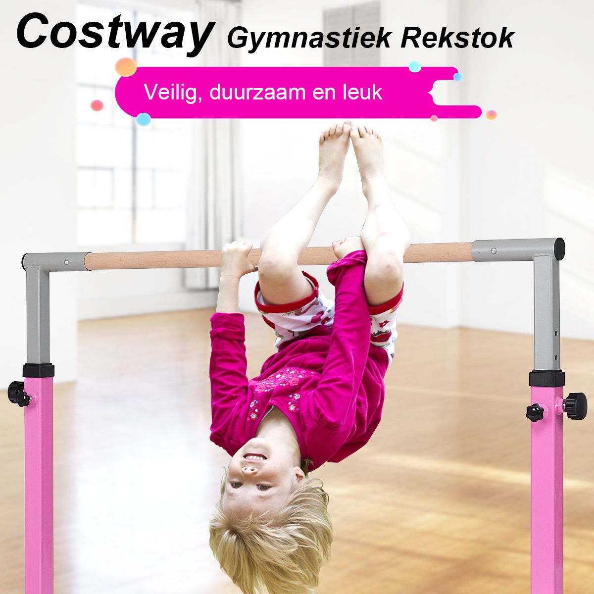 Barre de gymnastique Coast pour enfants - réglable en hauteur - structure triangulaire - rose
