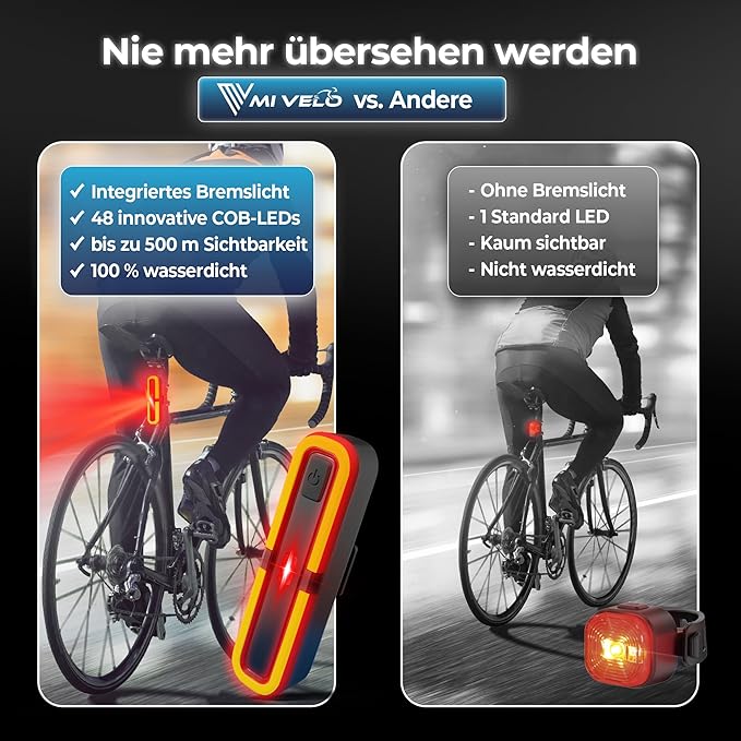 Feu arrière vélo avec indicateur de freinage - feu arrière homologué StVZO avec batterie d'alimentation - feu arrière vélo rechargeable USB-C étanche IPX5 - feu arrière LED pour vélo de route, VTT & gravel bike