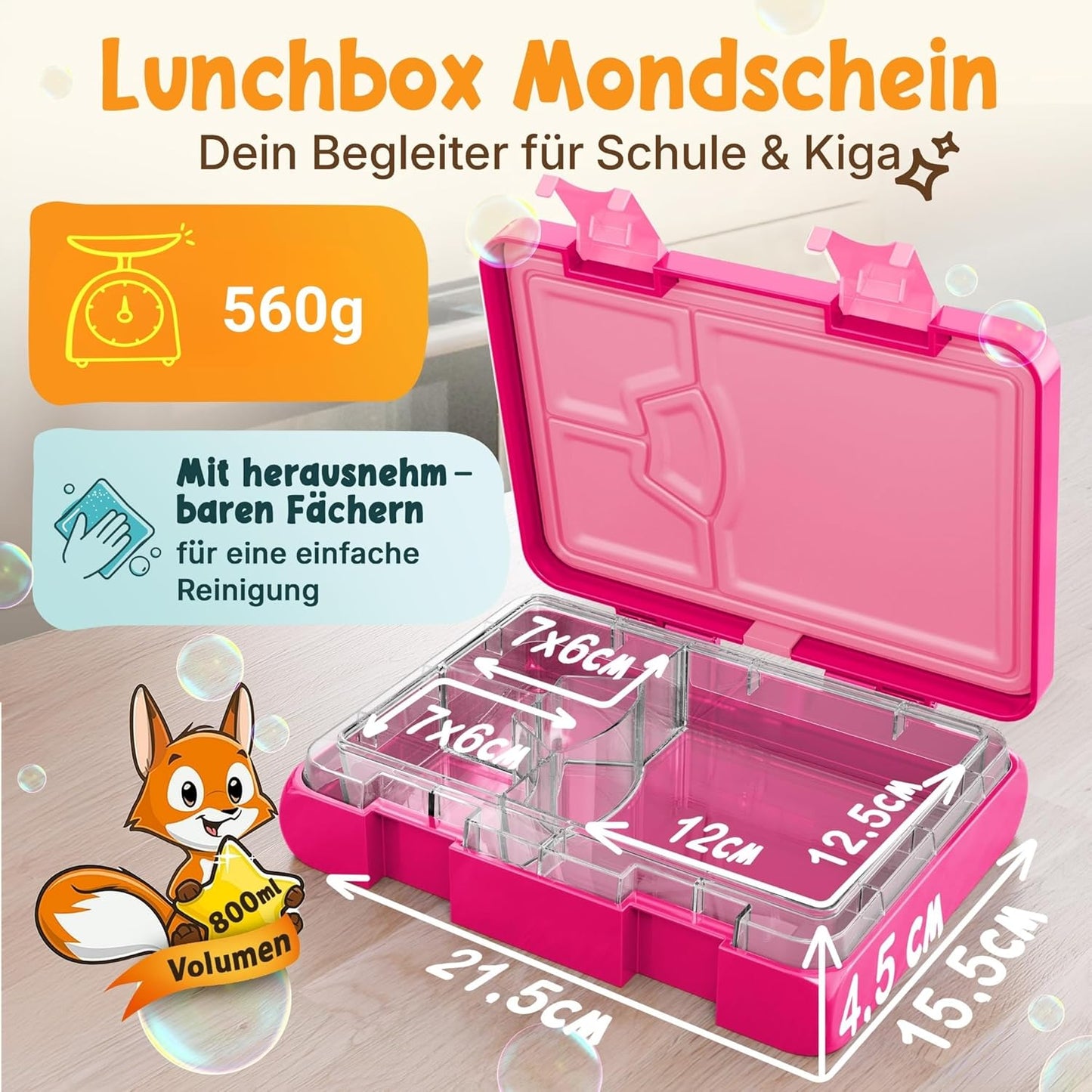 Funkelfuchs® - Lunchbox pour enfants avec compartiments - 800ml, rose - Lunchbox moonlight, large - Boîte à snacks, boîte à snacks, boîte à lunch, boîte à repas, boîte à bento pour enfants - pour l'école, la garderie et le jardin d'enfants