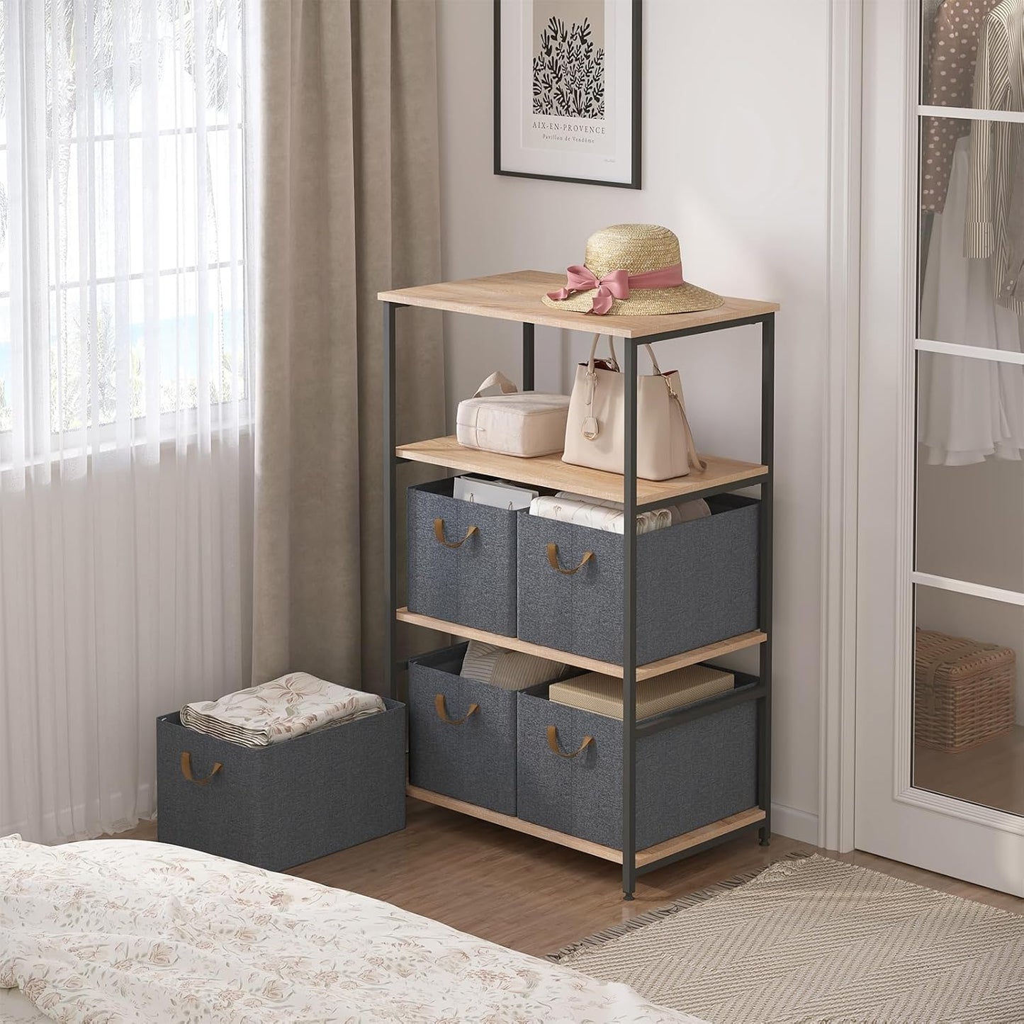 Woltu Boîte de rangement pliable Lot de 5 - Gris - 47 x 35 x 30 cm - Cubes de rangement empilables en tissu avec poignées