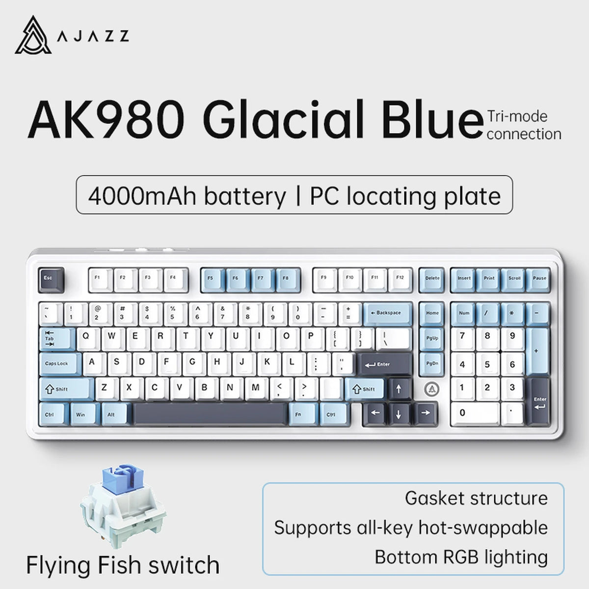 Clavier mécanique sans fil Ajazz AK980 V2 - Hot-Swap - 98 touches