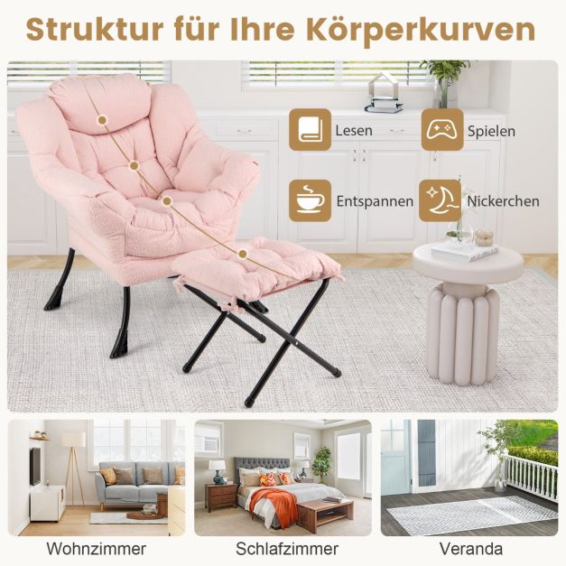 Fauteuil de détente Coast rose avec accoudoirs, coussin d'appui-tête et poche latérale – Fauteuil de détente avec repose-pieds en option – Sherpa – Rose