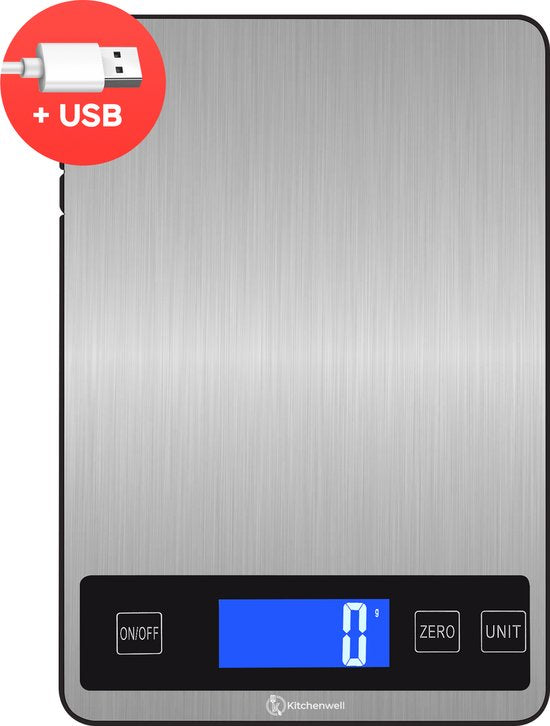 Kitchenwell Balance de cuisine numérique de précision - Balance de cuisine - 1gr - 10kg - Fonction tare - Rechargeable par USB - Gris