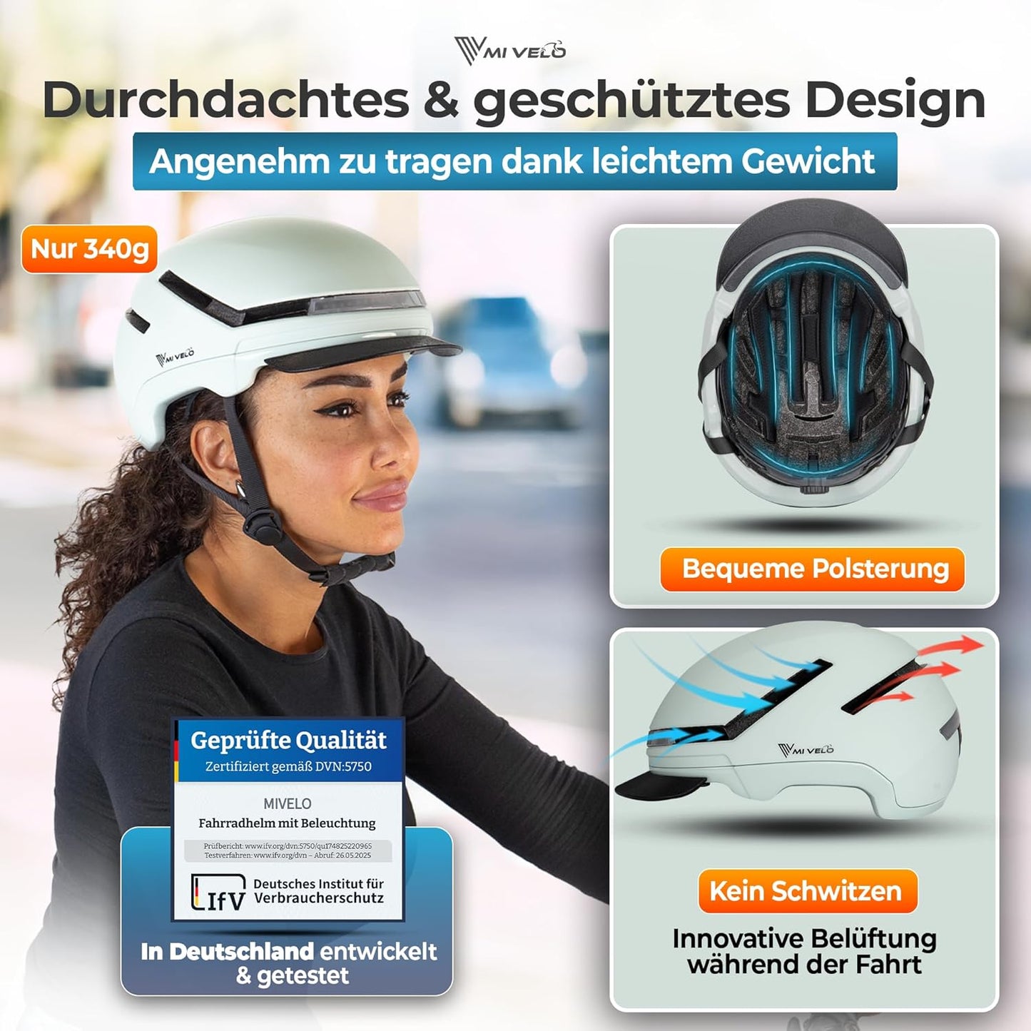 Mivelo Casque de vélo unisexe NOVA - Avec lumière - Certifié NTA jusqu'à 45km/h - Menthe - Taille M (54-58 cm)