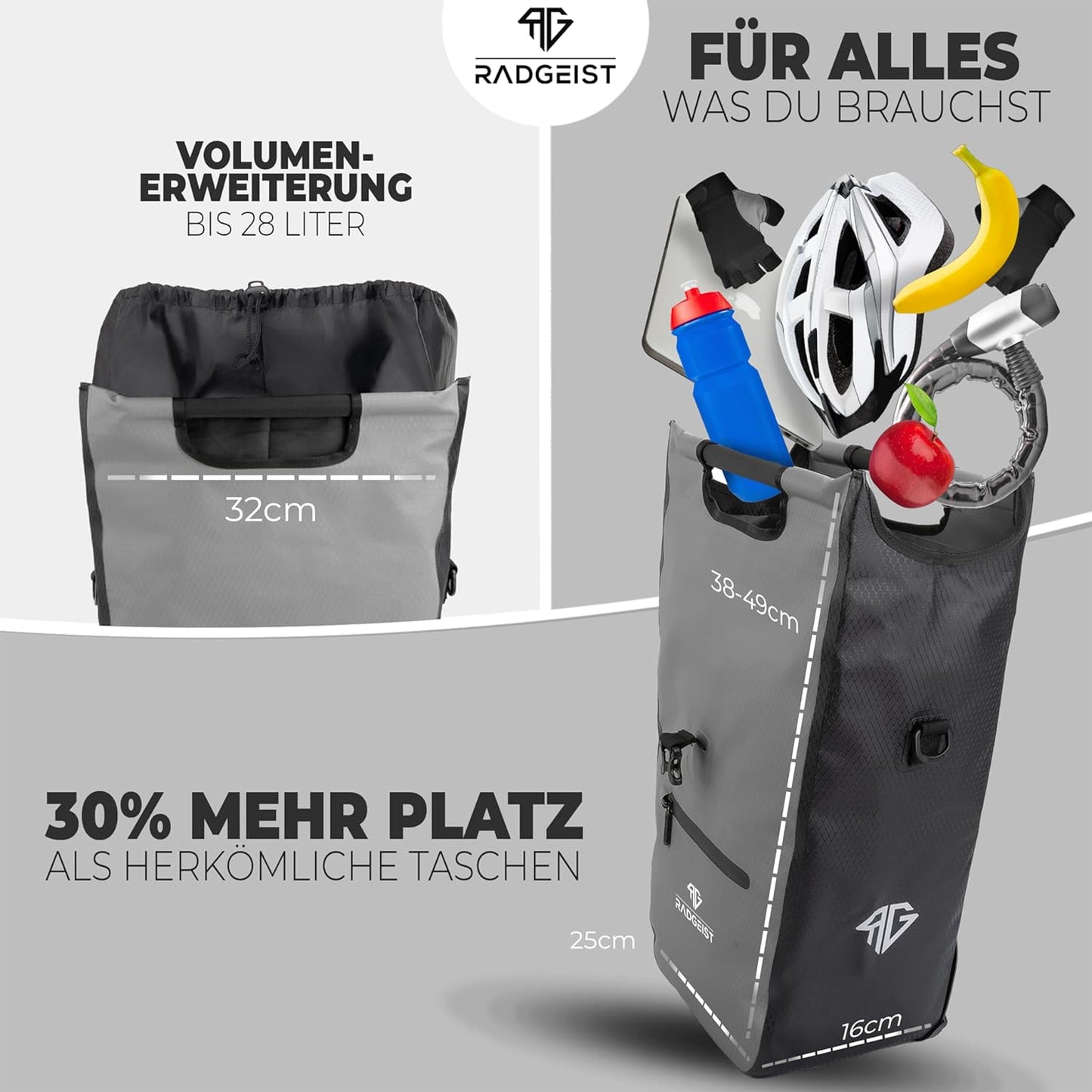 RADGEIST sacoche vélo pour porteur I sacoche vélo shopper avec sac isotherme amovible I sac shopping & sac shopping 22-28 litres - gris