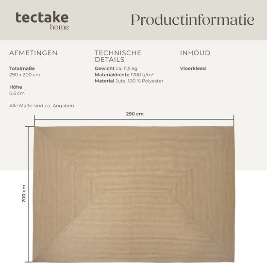 tectake® Tapis tressé - Style Boho - Tapis en jute pour l'intérieur et l'extérieur - Durable, facile d'entretien, indéformable et anti-allergique - Tapis vintage - Tailles div. - 200x290 cm