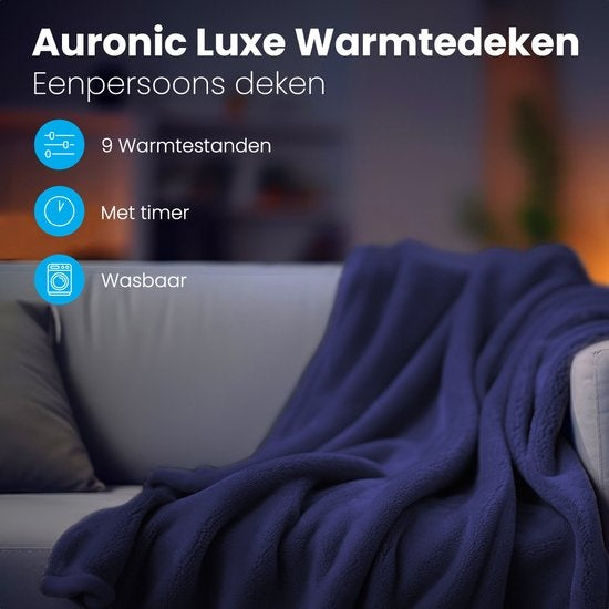 Couverture électrique Auronic - Couverture chauffante - 9 niveaux de chaleur - 1 personne - 160x120cm - Bleu