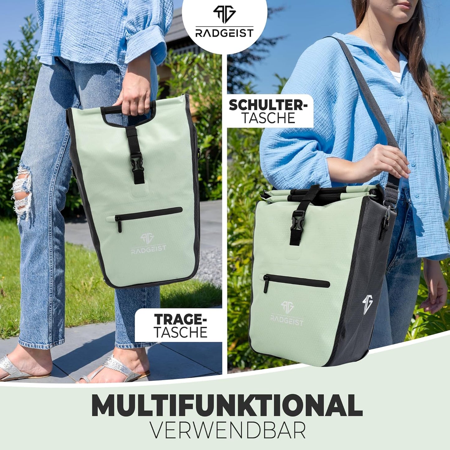 RADGEIST sac à vélo pour porteur I sac à vélo shopper avec sac isotherme amovible I sac à provisions & sac à provisions 22-28 litres - vert