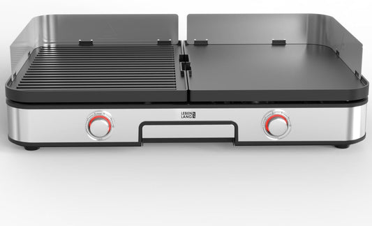 LEBENLANG Electric Table Grill 2400W - Gris - 2x plaques de cuisson (striées et lisses) - 55 x 30 cm - Pince à griller et protection anti-éclaboussures incluses - Pour l'intérieur et l'extérieur