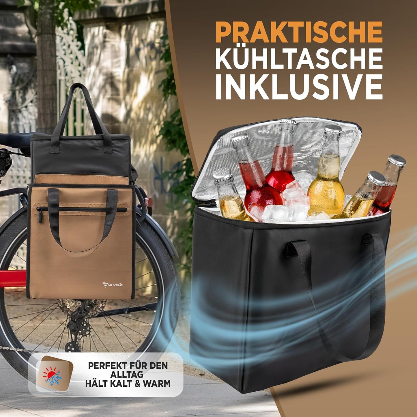 MIVELO - Sac à vélo pour les courses - Capacité de 25 litres et sac réfrigérant amovible - Polyester - Beige