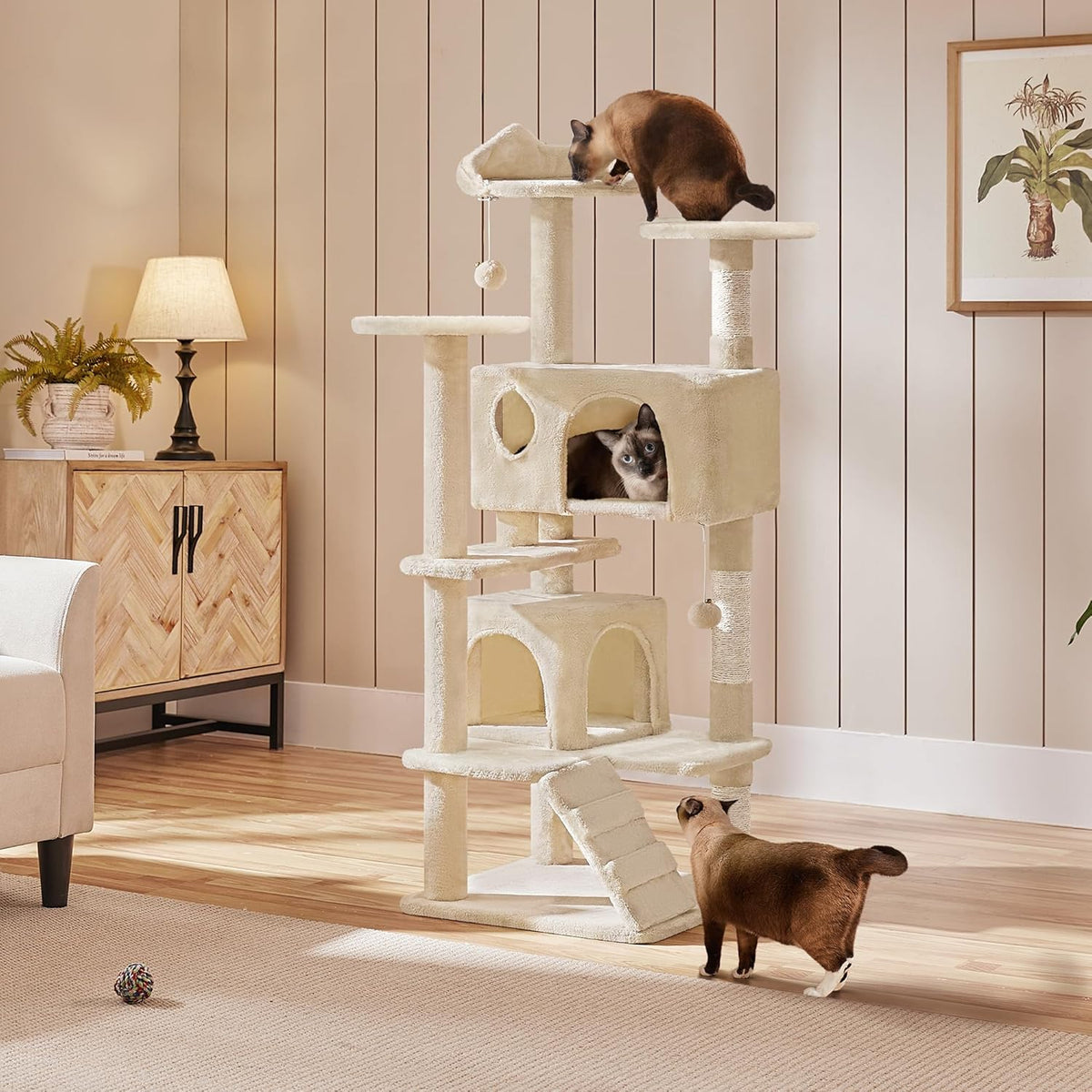 Yaheetech Griffoir pour chat 137 cm - Beige - 49 x 49 x 137 cm - Avec 2 maisons, 3 plaques et des boules de jeu en sisal