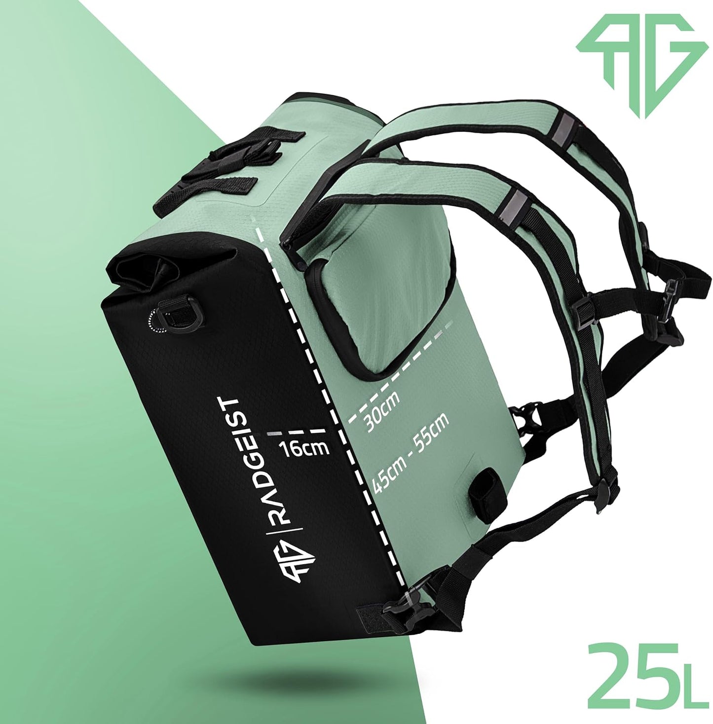 RADGEIST 3in1 bike carrier bag - sac à dos pour vélo - sac de transport - sac à bandoulière - avec compartiment pour ordinateur portable - étanche - 25L - Mint