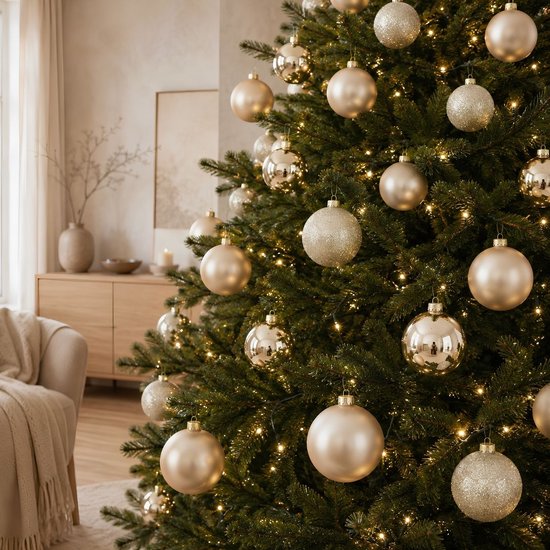 Boules de Noël Mica Decorations - 26 pièces - Décorations de Noël pour le sapin - Ornements brillants et pailletés - Pointes et boules de différentes tailles - Ø 7 cm - Crème