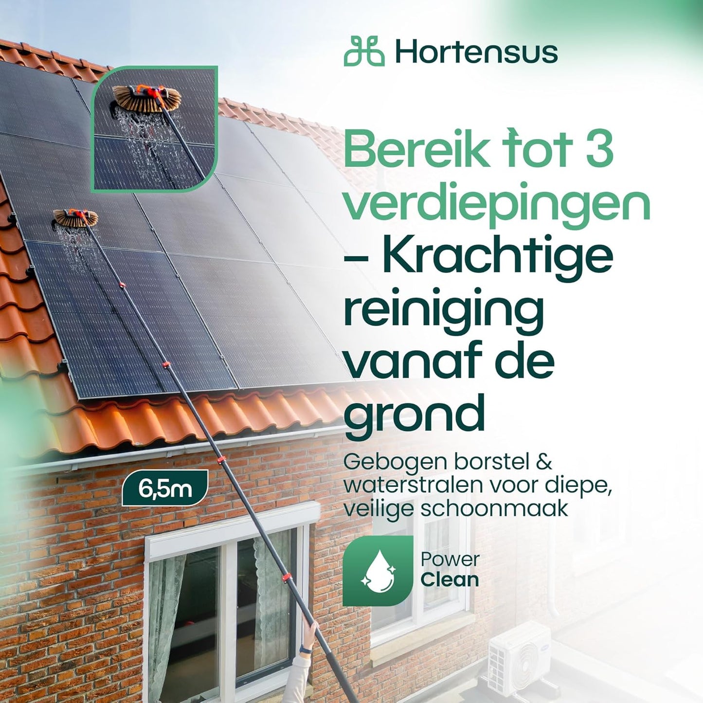 Brosse de lavage télescopique Hortensus - Avec raccord d'eau et distributeur de savon - 6.5M de long