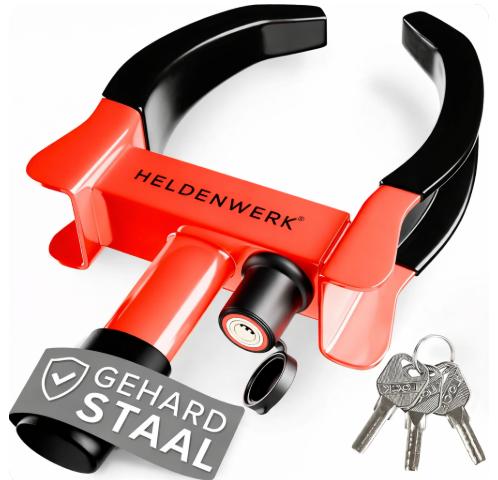 HELDENWERK - Griffe de parking et pince de roue - Pour 18-30 cm de largeur de pneu - Acier allié noir et rouge - Avec serrure de haute sécurité et 3 clés - Protection contre le vol - Sécurité maximale