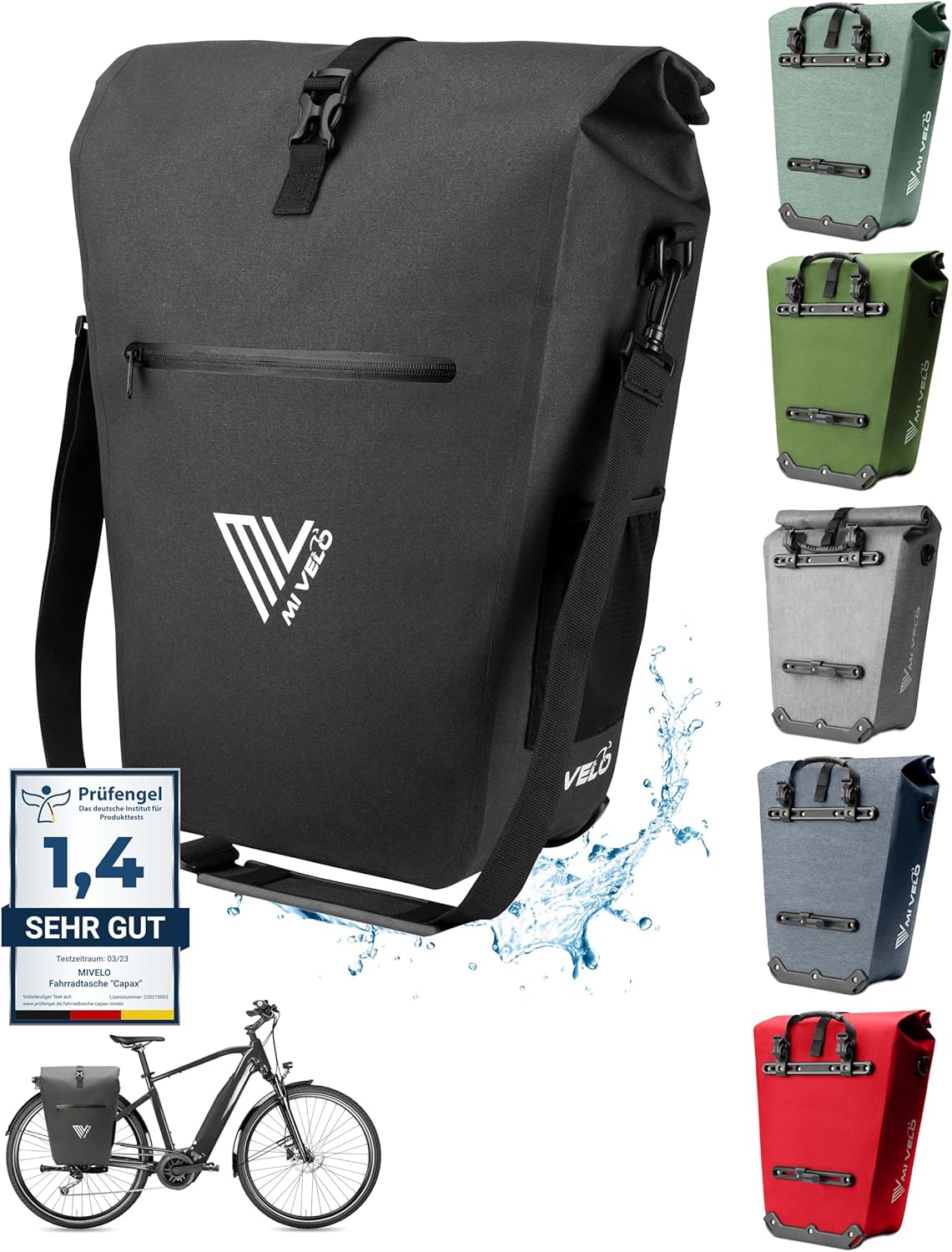 MIVELO Pannier - Étanche - 25L - Avec compartiment pour ordinateur portable et bandoulière - Noir