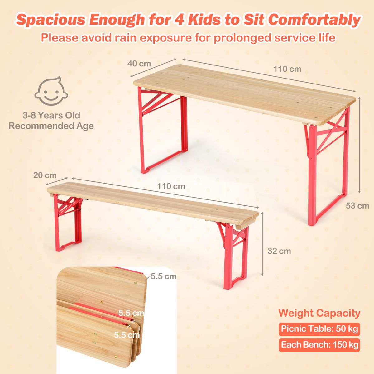Ensemble de pique-nique pour enfants Coast - table de pique-nique pliable avec 2 bancs - bois de sapin et métal - rouge