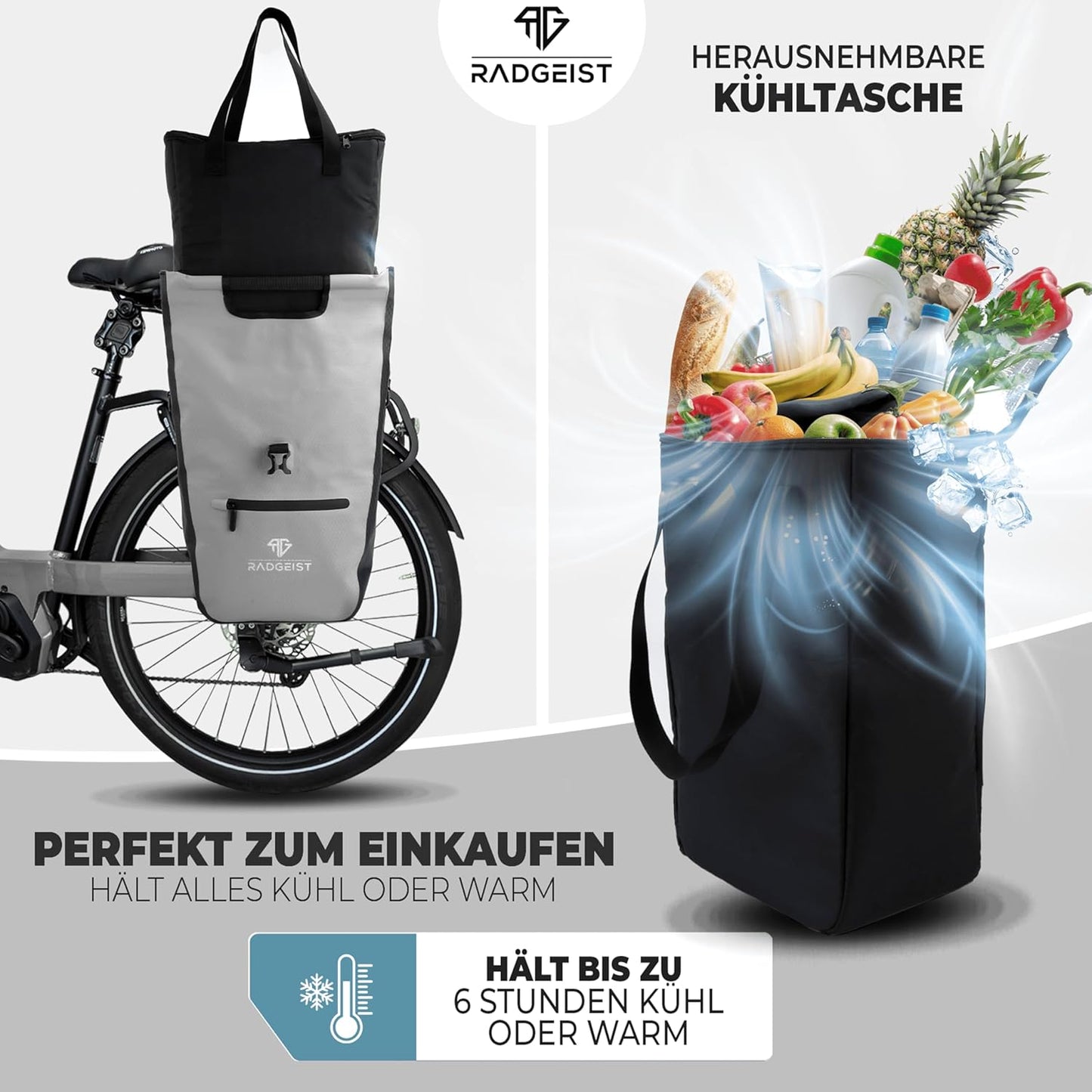 RADGEIST sacoche vélo pour porteur I sacoche vélo shopper avec sac isotherme amovible I sac shopping & sac shopping 22-28 litres - gris