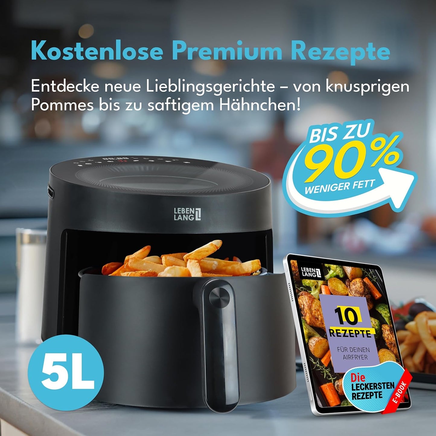 LEBENLANG Airfryer 5L & 1500W - 8 Programmes - Livre de recettes inclus - 45 x 30 x 27 cm - Noir