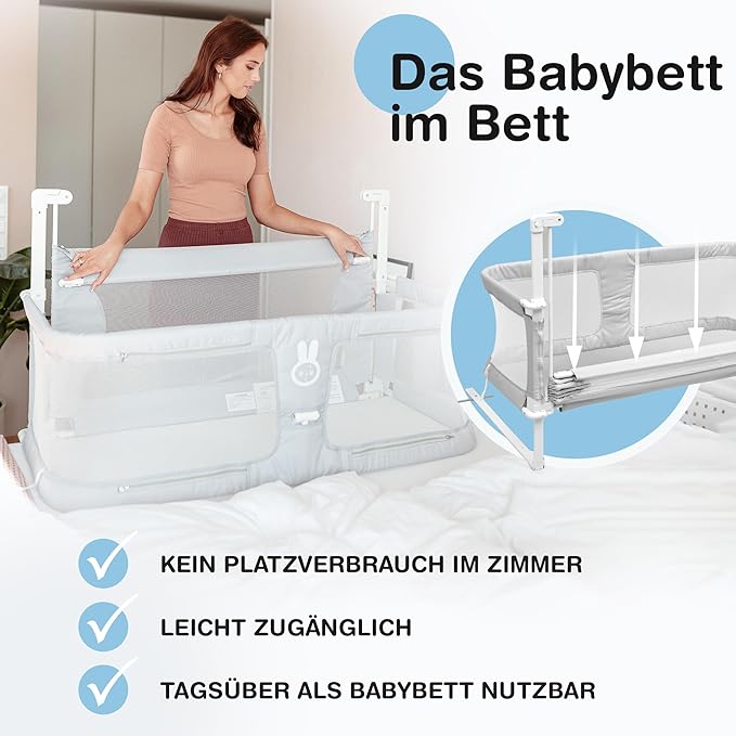 BabybeFun Lit de Bébé Co-Sleeper - 90x50 cm - Gris - Lit de Bébé sûr et confortable pour Boxspring et lit normal - Avec protection anti-retournement et protection anti-décrochage - Idéal pour l'allaitement
