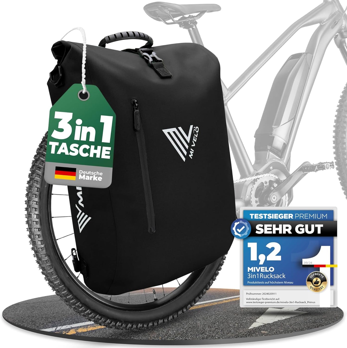 MIVELO 3-in-1 Pannier - Imperméable - Sac à dos et à bandoulière - Compartiment pour ordinateur portable inclus - 20L - Noir