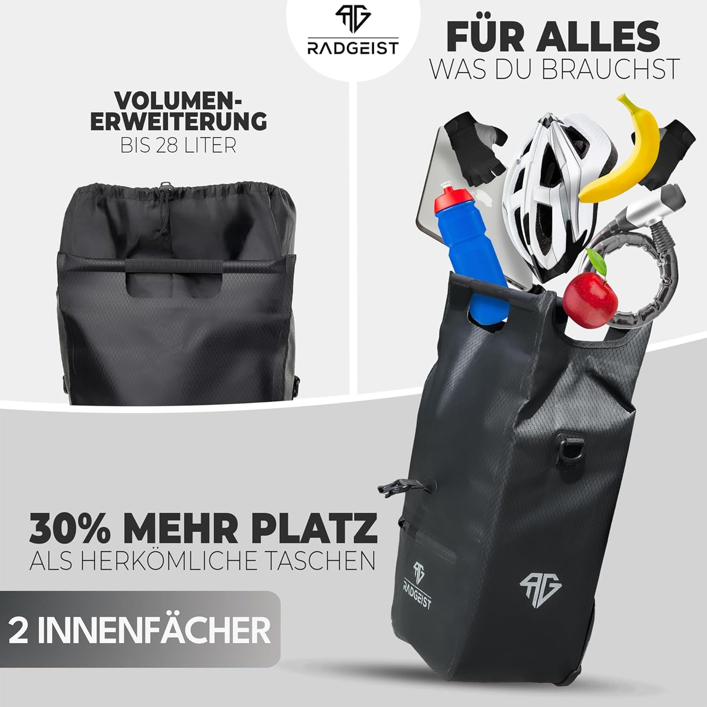 RADGEIST sacoche vélo pour porteur I sacoche vélo shopper avec sac isotherme amovible I sac messager & sac shopping 22-28 litres - noir