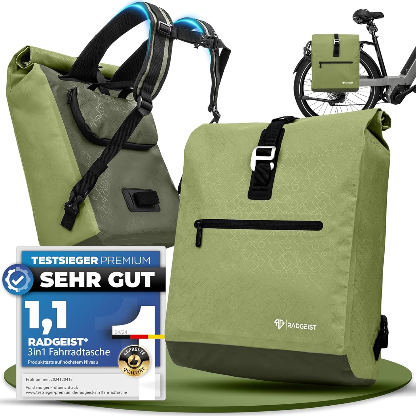 RADGEIST sac à vélo pour porteur I sac à vélo & sac à dos I sac à vélo pour femmes & hommes I sac à bandoulière & sac à vélo pour vélo 20L vert
