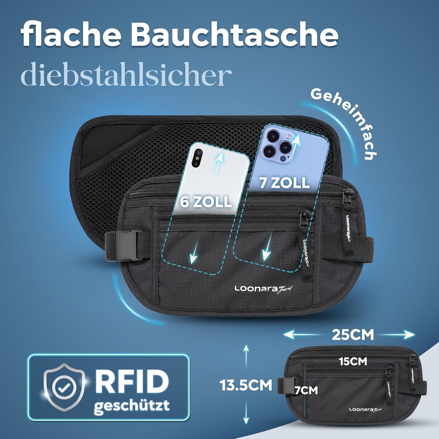 Loonara Travel Hip Bag - Avec compartiment secret - 13.5 x 25 cm - Noir